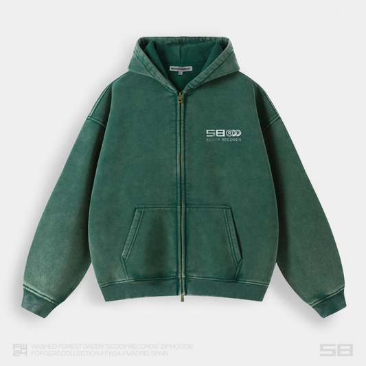 WASHED FOREST GREEN "SCOOP RECORDS" ZIP HOODIE